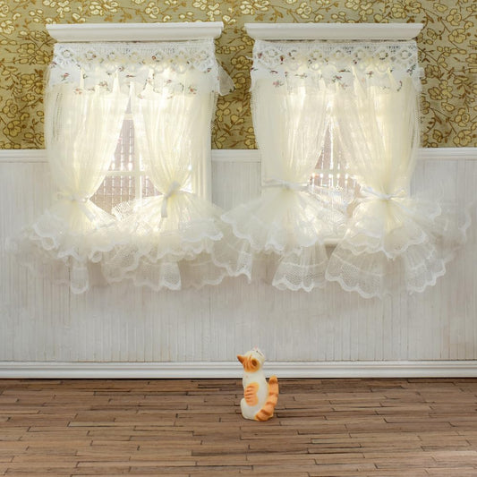 iLAND Miniature Dollhouse Accessories on 1/12 Scale, Dollhouse Curtains Set of Multi-Layered Lace & Tulle Curtains 2pcs image