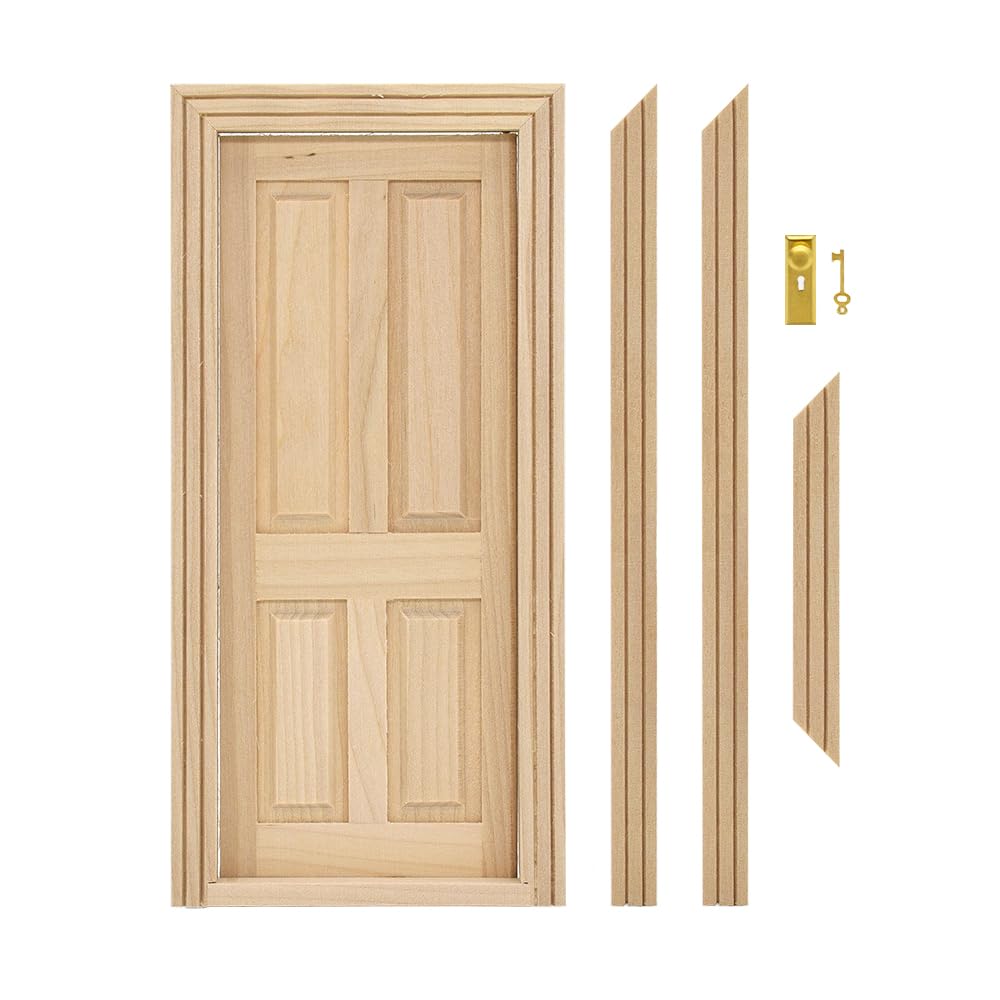 Wooden 1:12 scale dollhouse door with intricate 3D windowpanes and rainbow-reflecting handles, perfect for miniatures.