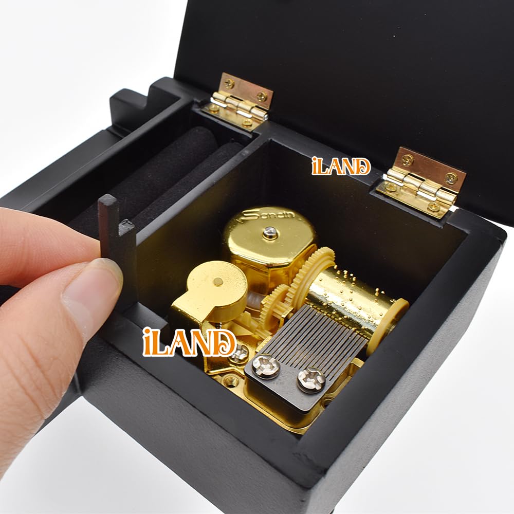 Close-up of iLAND piano music box mechanism, showcasing intricate golden gears and components in a sleek black casing.