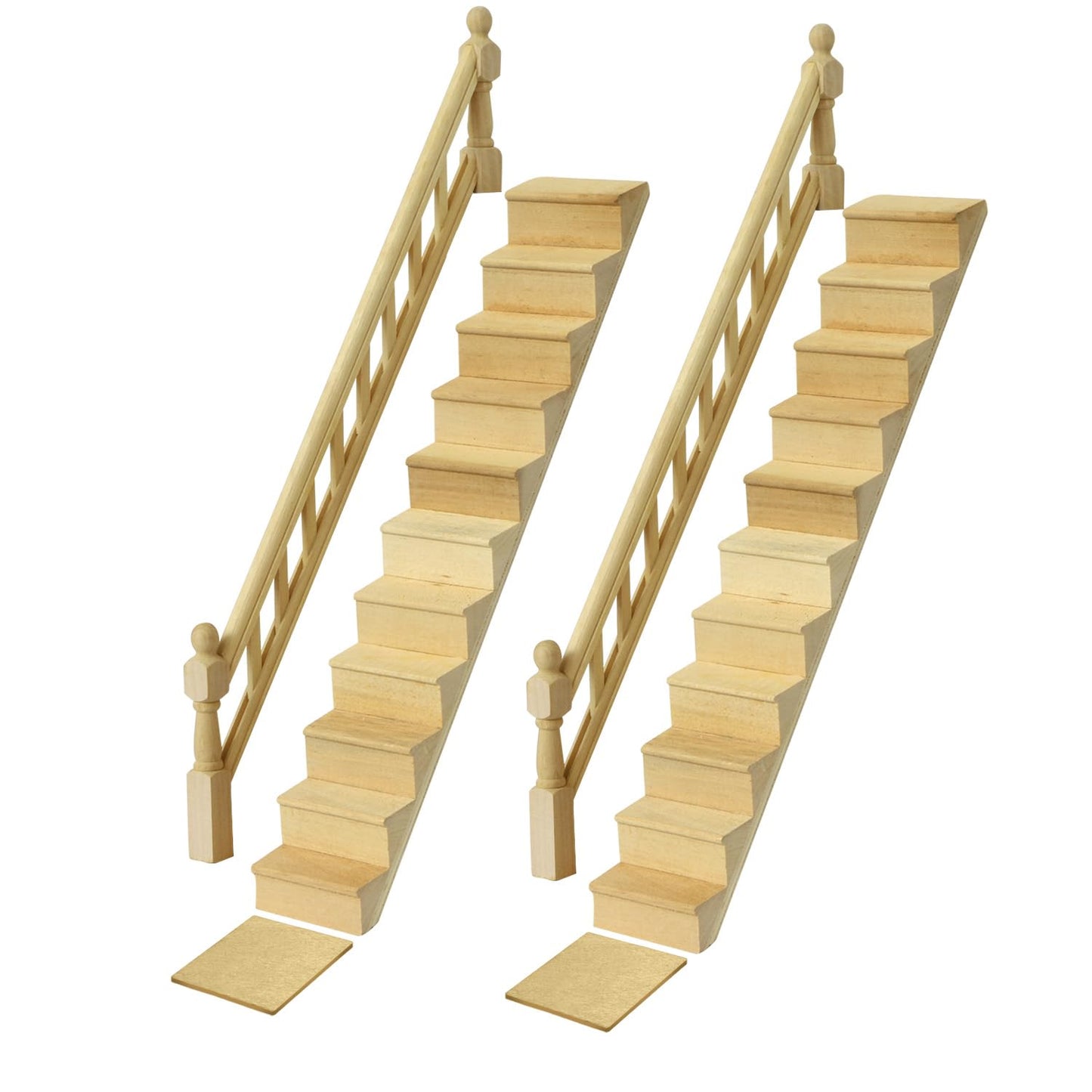 Two wooden miniature dollhouse stairs with handrails, 1/12 scale, ideal for DIY projects and dollhouse decor enhancement.