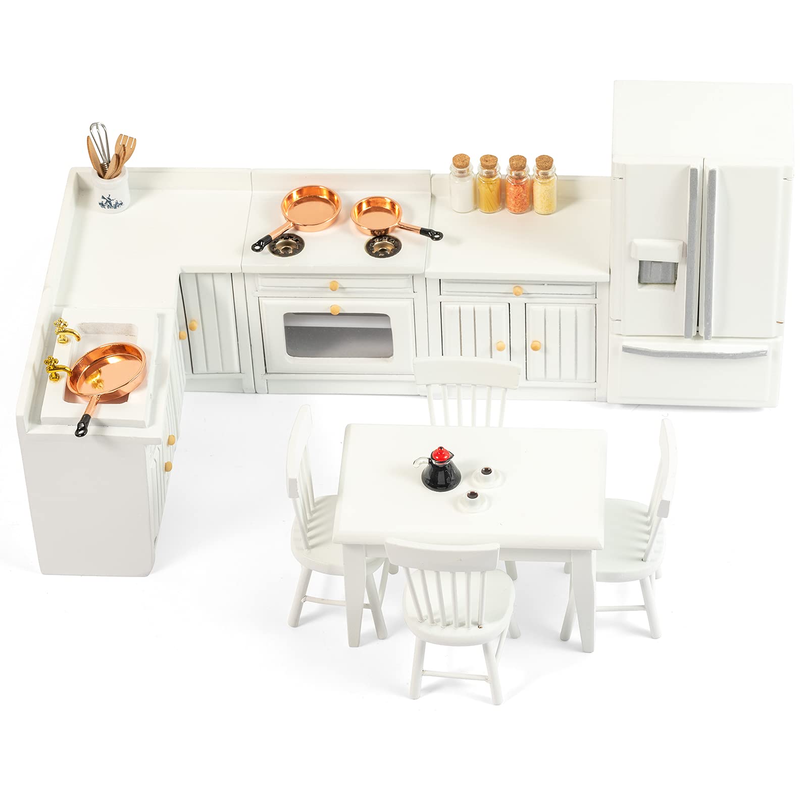 SAMCAMI Wooden Dollhouse Furniture Set - Miniature Dollhouse Furniture 1 12 Scale for Dollhouse Kitchen - Doll House Furniture Toys Incl Kitchen Cabinets, Dining Table, Refrigerator and Others (White) image