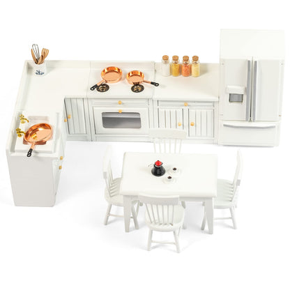 SAMCAMI Wooden Dollhouse Furniture Set - Miniature Dollhouse Furniture 1 12 Scale for Dollhouse Kitchen - Doll House Furniture Toys Incl Kitchen Cabinets, Dining Table, Refrigerator and Others (White) image