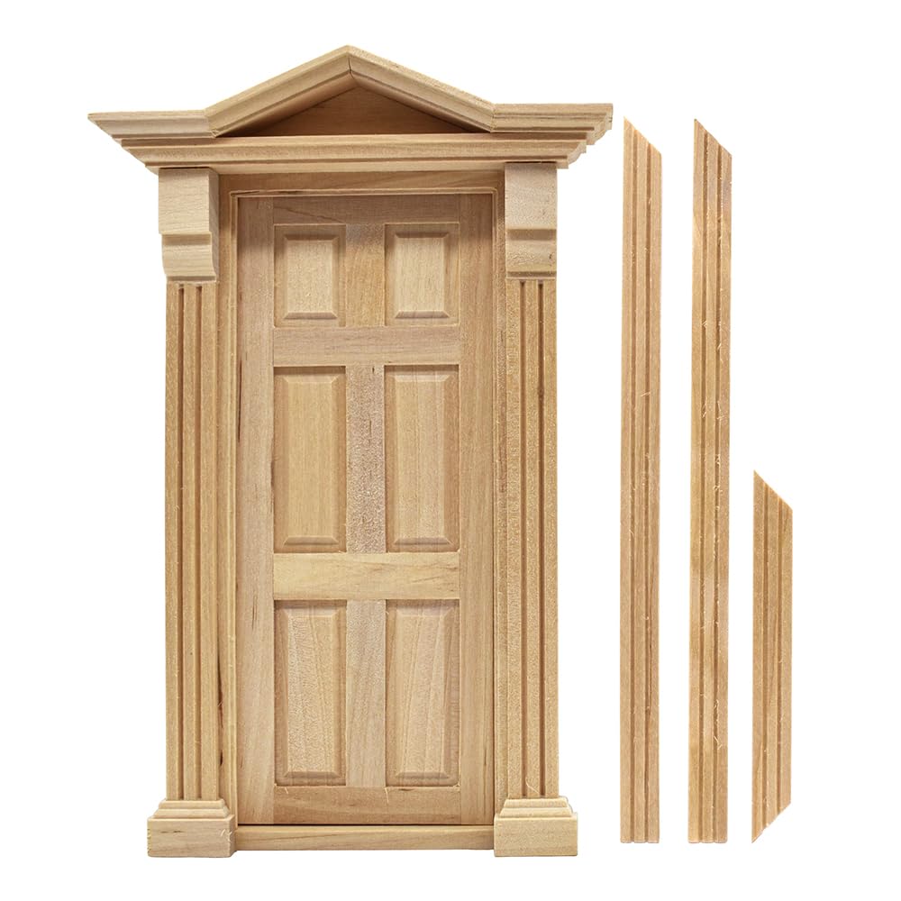Miniature 1:12 scale dollhouse door with intricate wood detailing and 3D windowpanes, perfect for realistic dollhouse decor.