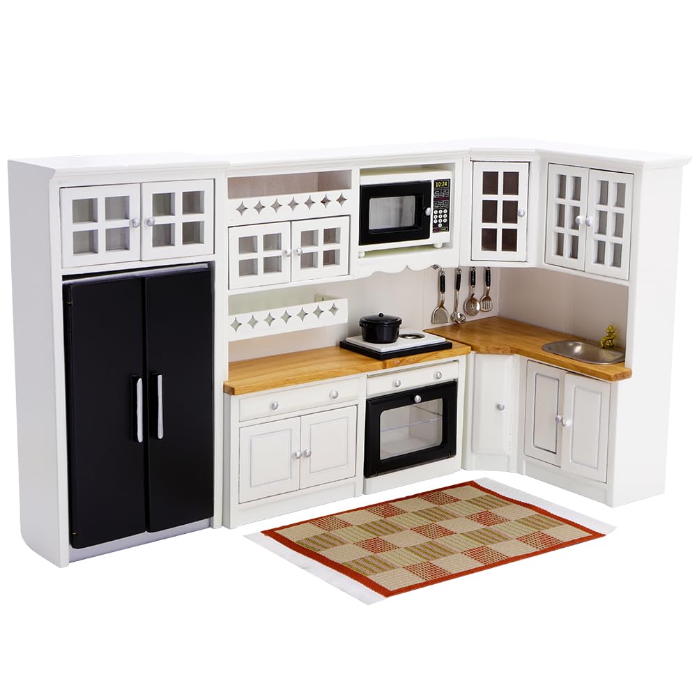 Modern dollhouse kitchen set, 1/12 scale, white wood design with fridge, oven, and microwave, perfect for miniature food storage.
