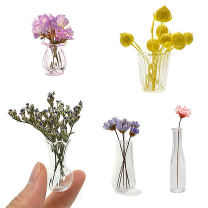 iLAND Miniature Dollhouse Accessories for Dollhouse Furniture, Glass Vases w/Dried Flowers Set (Pretty 5pcs) image
