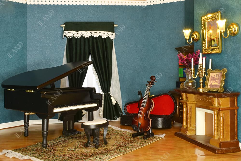 Miniature piano and violin set in dollhouse room, featuring elegant decor and classic charm. Perfect romantic gift accessory.