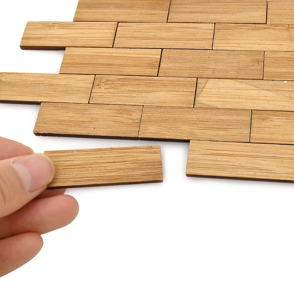 Bamboo dollhouse flooring tiles in 1:12 scale, showing a hand placing a varnished rectangular piece, perfect for miniatures.