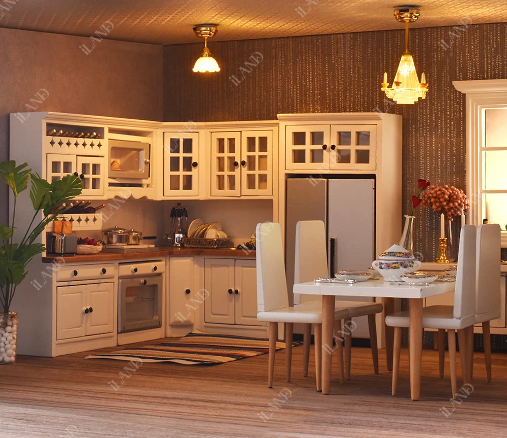 Classic walnut dollhouse flooring enhances mini kitchen, perfect for 1:12 and 1:6 scale dollhouse furniture.