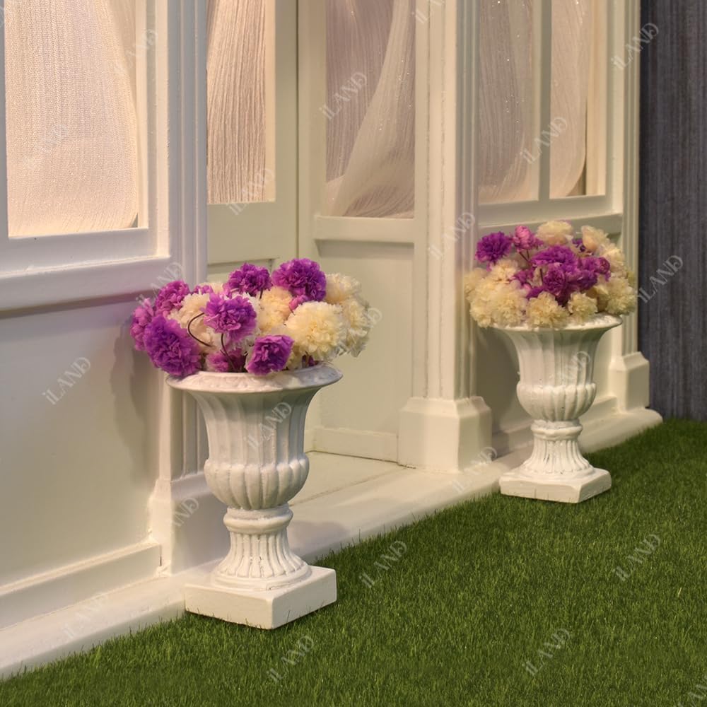 Miniature urn planters with purple and white dry flowers, perfect for dollhouse decoration and realistic garden scenes.
