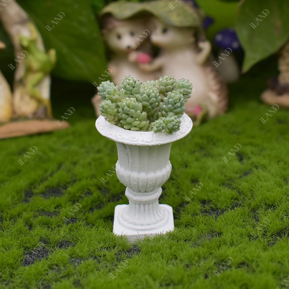 Miniature dollhouse urn planter with lush green succulent, perfect for enhancing dollhouse garden decor.