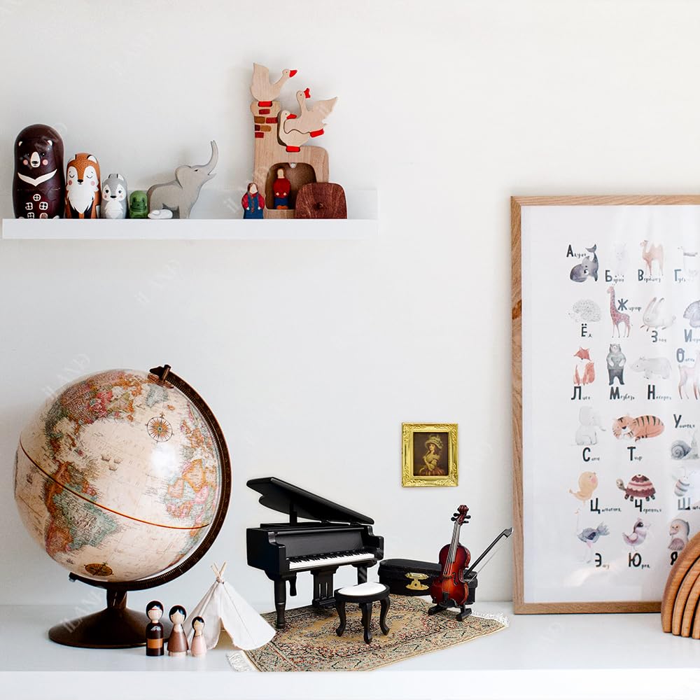 Miniature iLAND piano music box with violin on ornate rug, perfect for dollhouse decor, featuring 'The Castle in The Sky' melody.