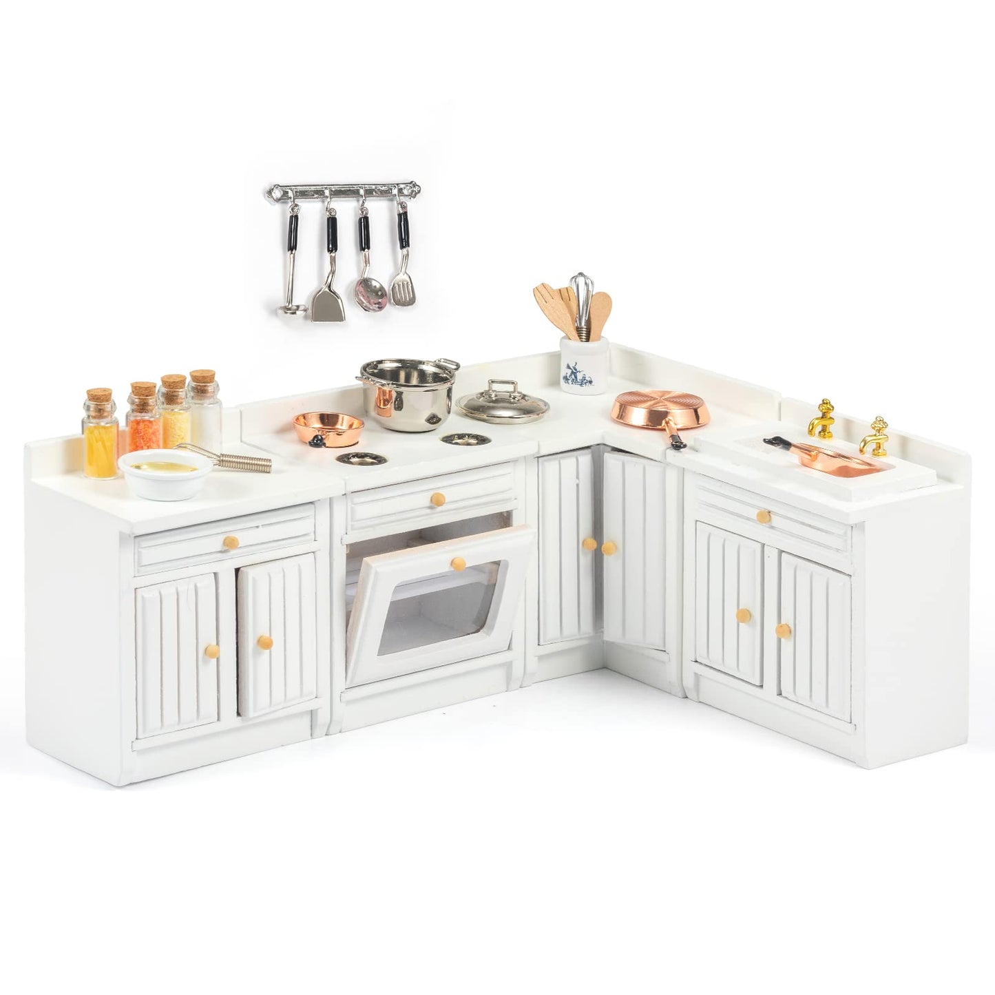 SAMCAMI Wooden Dollhouse Furniture Set - Miniature Furniture 1 12 Scale for Dollhouse Kitchen - Doll House Furniture Toys Incl Freely Combined Wooden Kitchen Cabinets and Other Dollhouse Accessories image