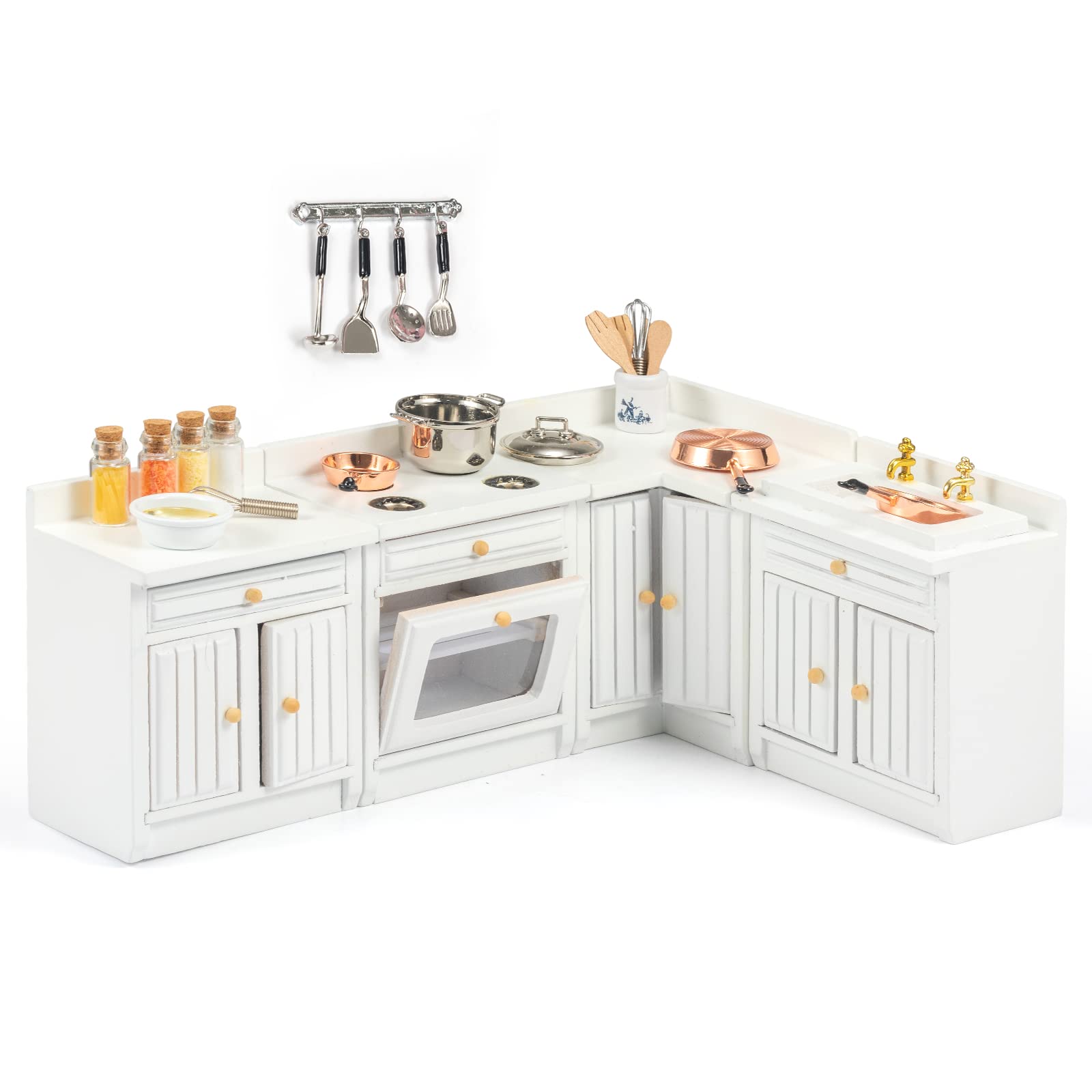SAMCAMI Wooden Dollhouse Furniture Set - Miniature Furniture 1 12 Scale for Dollhouse Kitchen - Doll House Furniture Toys Incl Freely Combined Wooden Kitchen Cabinets and Other Dollhouse Accessories image