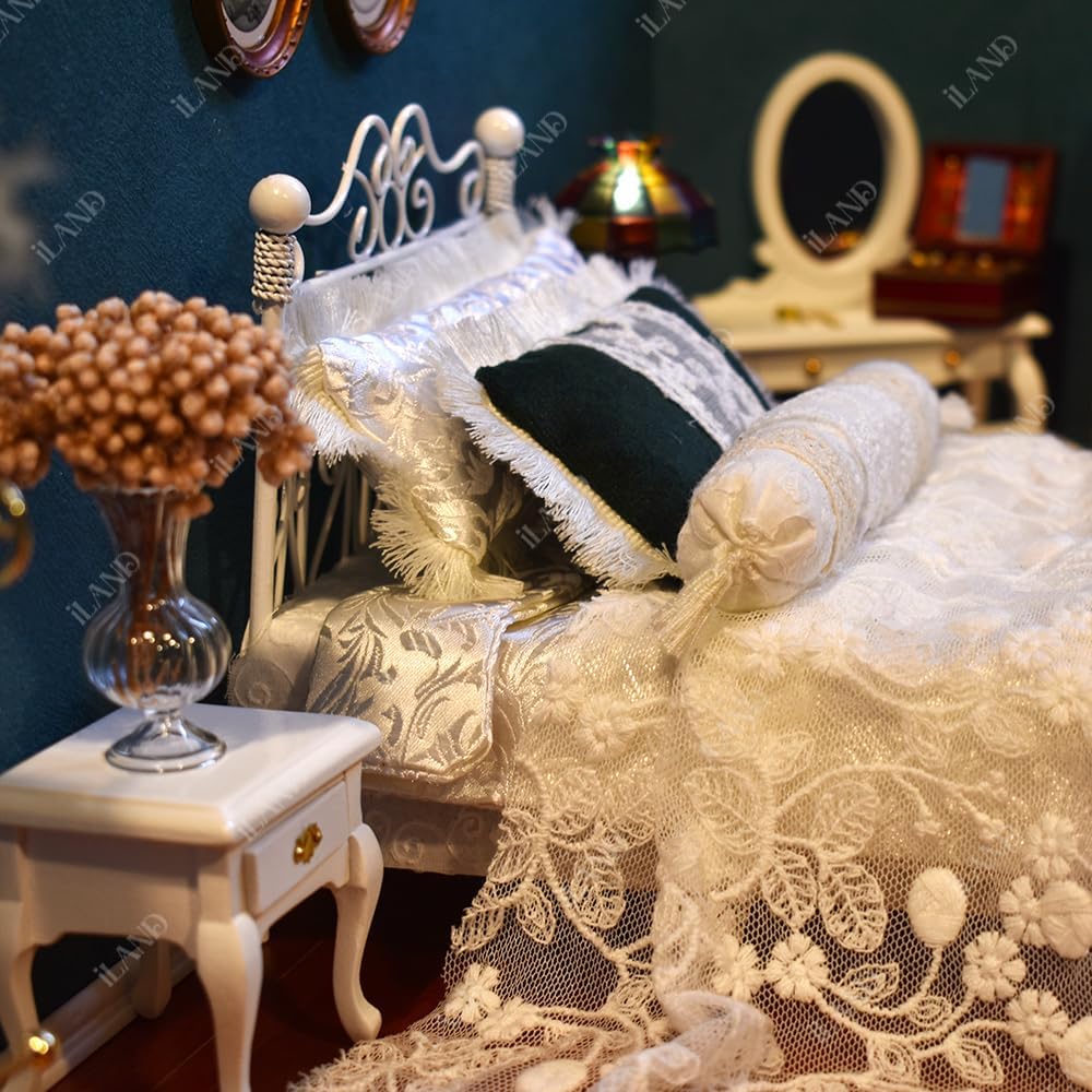 iLAND Victorian Dollhouse Furniture on 1:12 Scale, Dollhouse Bed Set 5pcs image