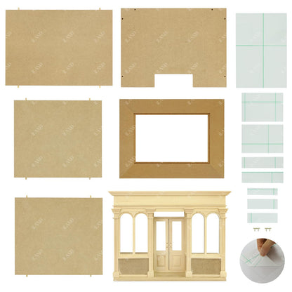 Miniature wooden dollhouse kit with walls, windows, and doorframe components for crafting a 1/12 scale coffee shop.