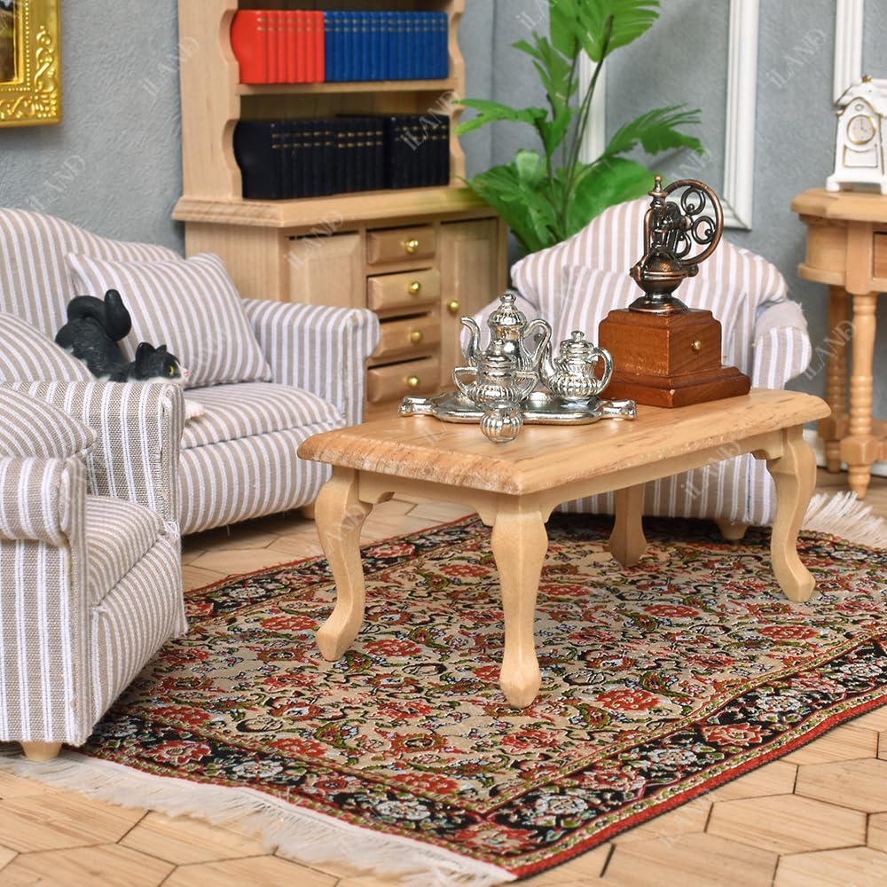 iLAND Miniature Wooden Dollhouse Furniture Set: Sofa, Cabinets, Coffee Table for Dollhouse Living Room (Classic Doll Furniture 7pcs) image