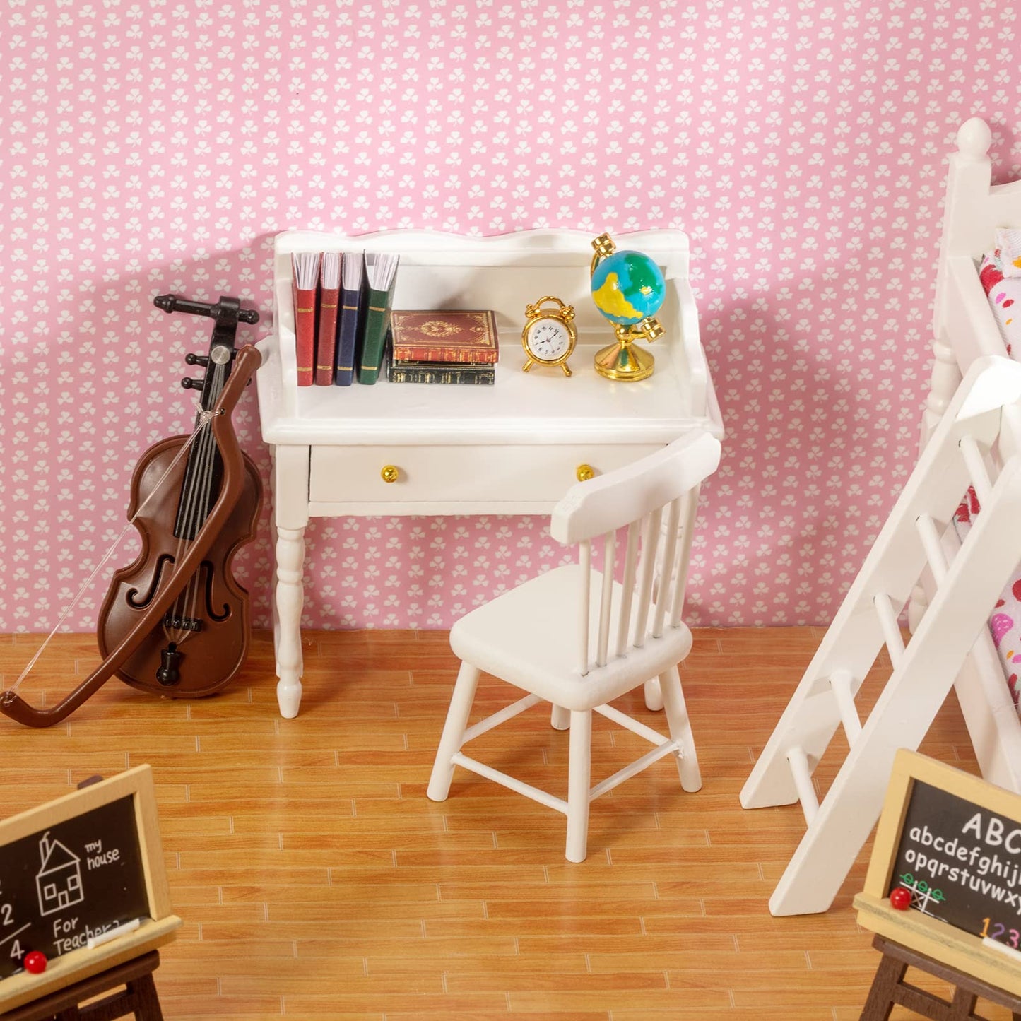 SAMCAMI Miniature Dollhouse Furniture 1 12 Scale - Wooden Dollhouse Bed Set - Doll House Furniture Toys Incl Doll Bed, Desk, Books, blackboards and Other Dollhouse Accessories image