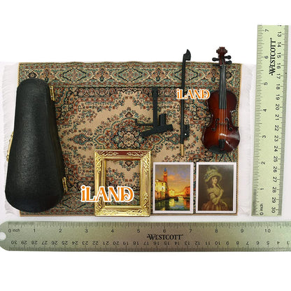 Miniature violin set with ornate carpet, gold frame, and art prints. Ideal 1/12 scale accessories for dollhouse piano room.