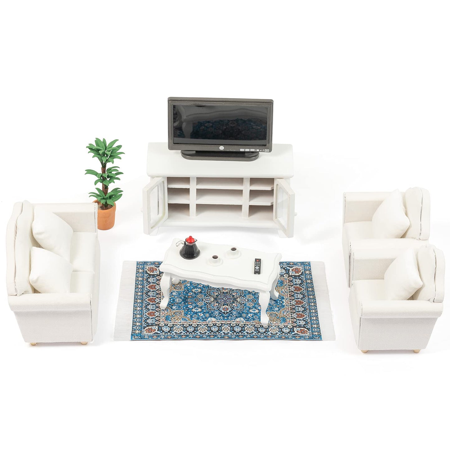 SAMCAMI Miniature Dollhouse Furniture 1 12 Scale - Wooden Dollhouse Furniture Set for Dollhouse Living Room - Doll House Furniture Incl Sofa, TV Cabinet, Coffee Table and Other Accessories (White) image