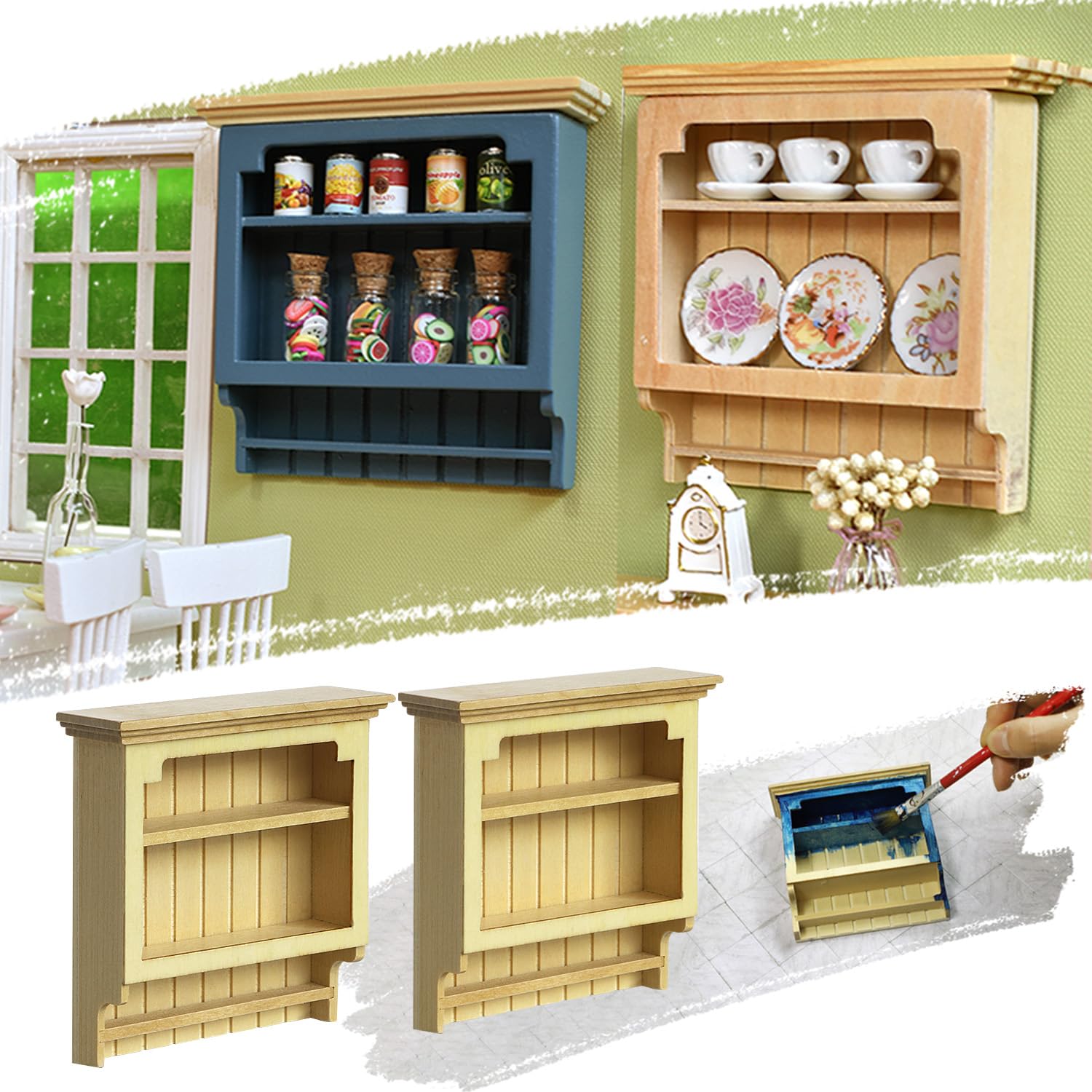 iLAND Wooden Dollhouse Furniture on 1/12 Scale, Miniature Cabinet Varnished 2pcs fit Dollhouse Kitchen, Living Room, Dining Room or Bathroom image