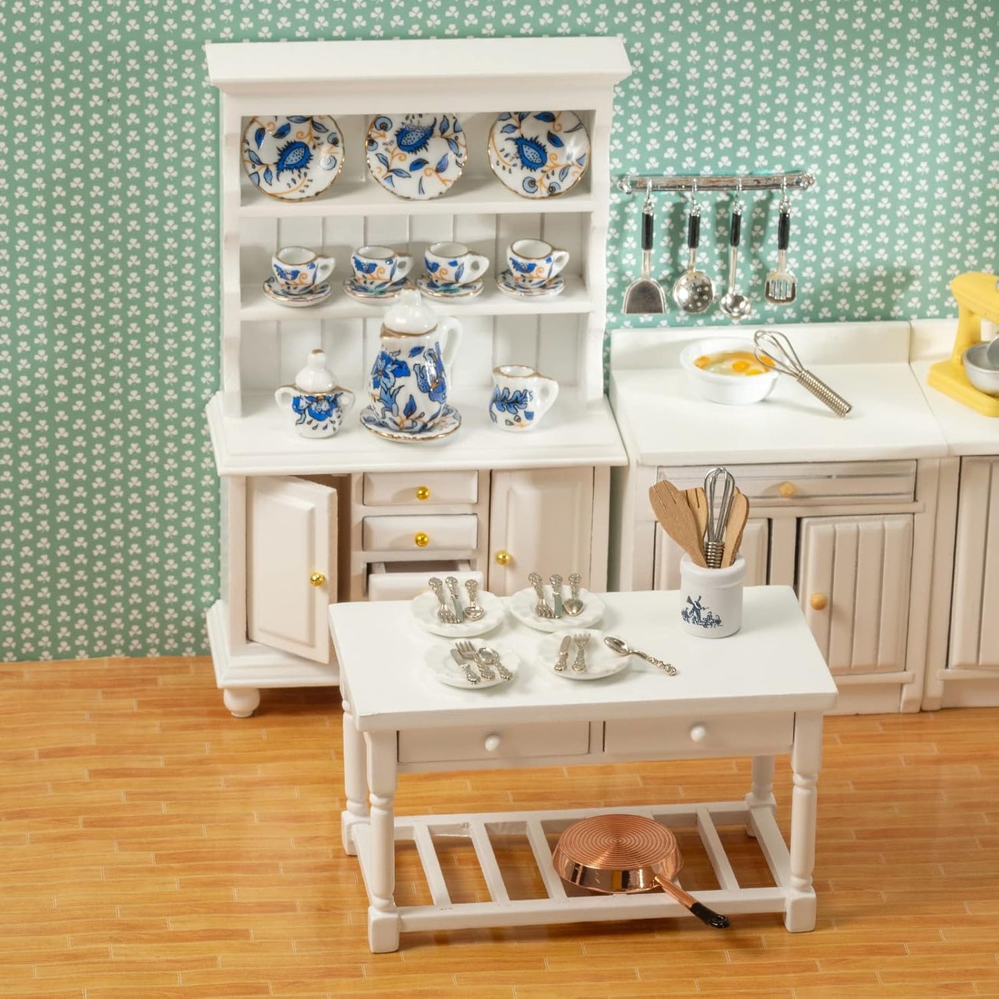 SAMCAMI Miniature Dollhouse Furniture Kitchen Set - Kitchen Cabinet Cupboards and Tea Set – 1 12 Scale Dollhouse Accessories image