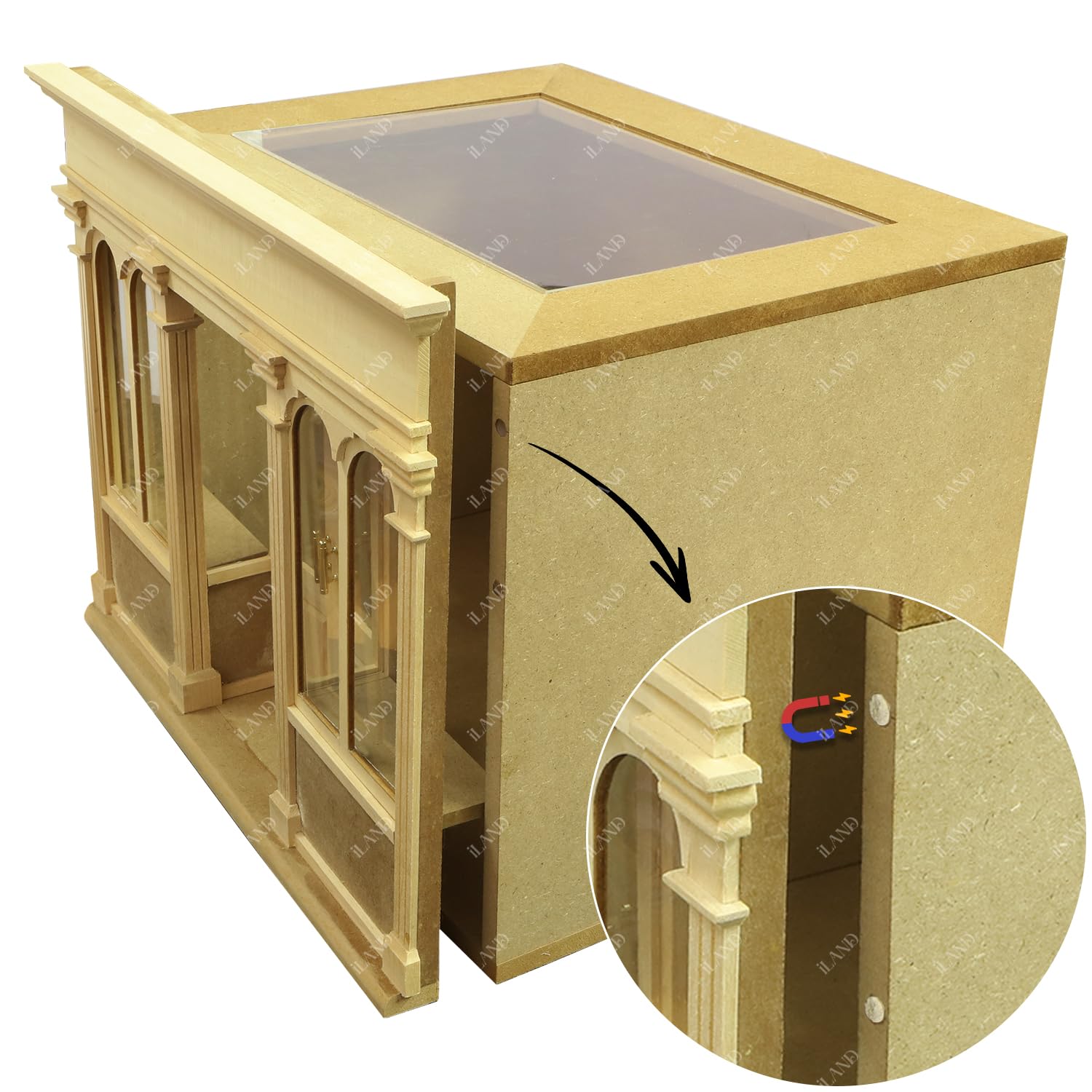 Miniature wooden dollhouse kit with magnetic closure, ideal for crafting a 1/12 scale coffee shop or creative store display.