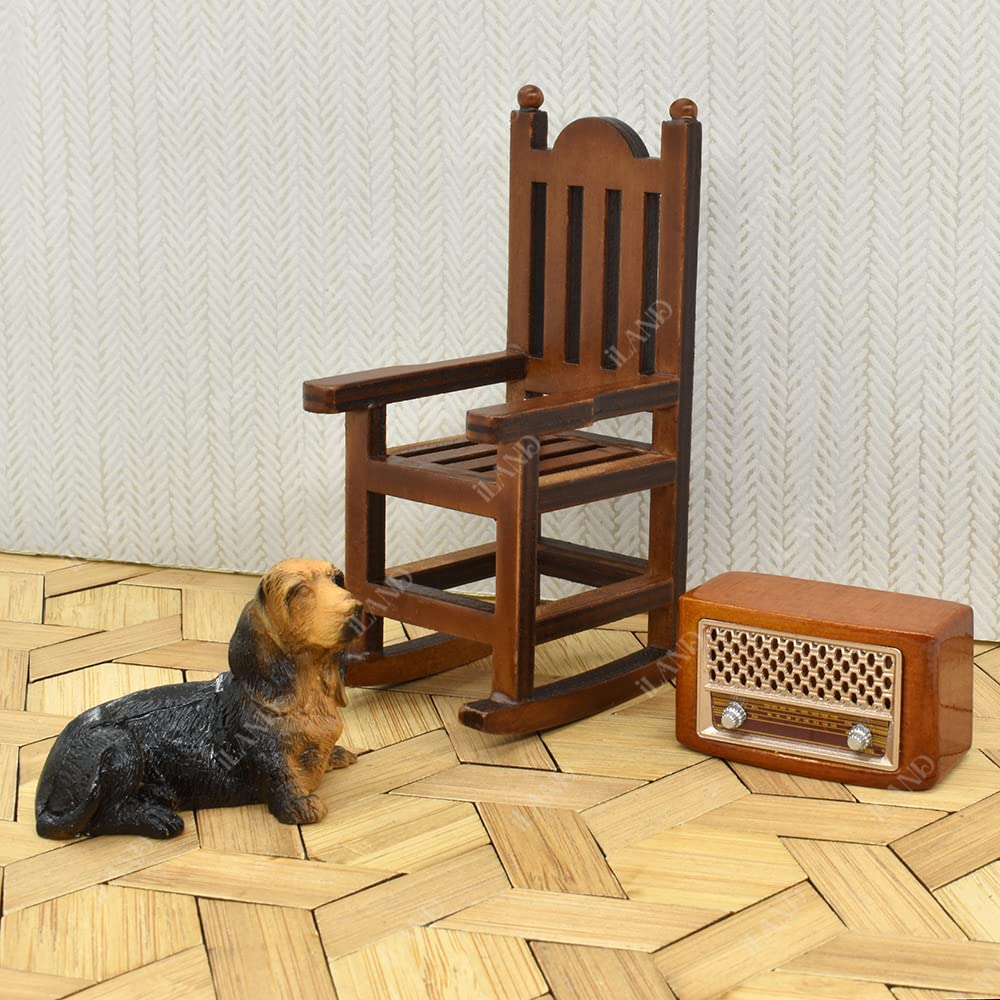 Dollhouse with varnished bamboo flooring, featuring a wooden chair, vintage radio, and dog figurine on 1:12 scale.
