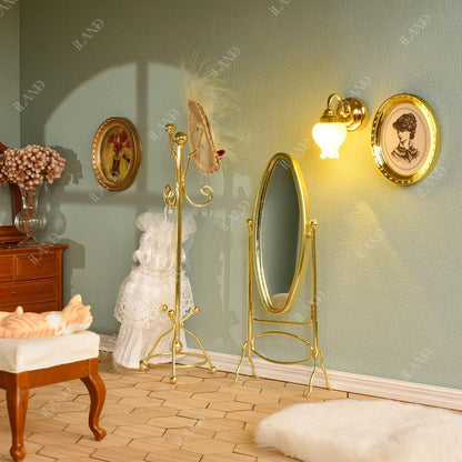 Miniature 1:12 scale golden coat rack and full mirror set, elegant dollhouse furniture accessory for realistic decor.