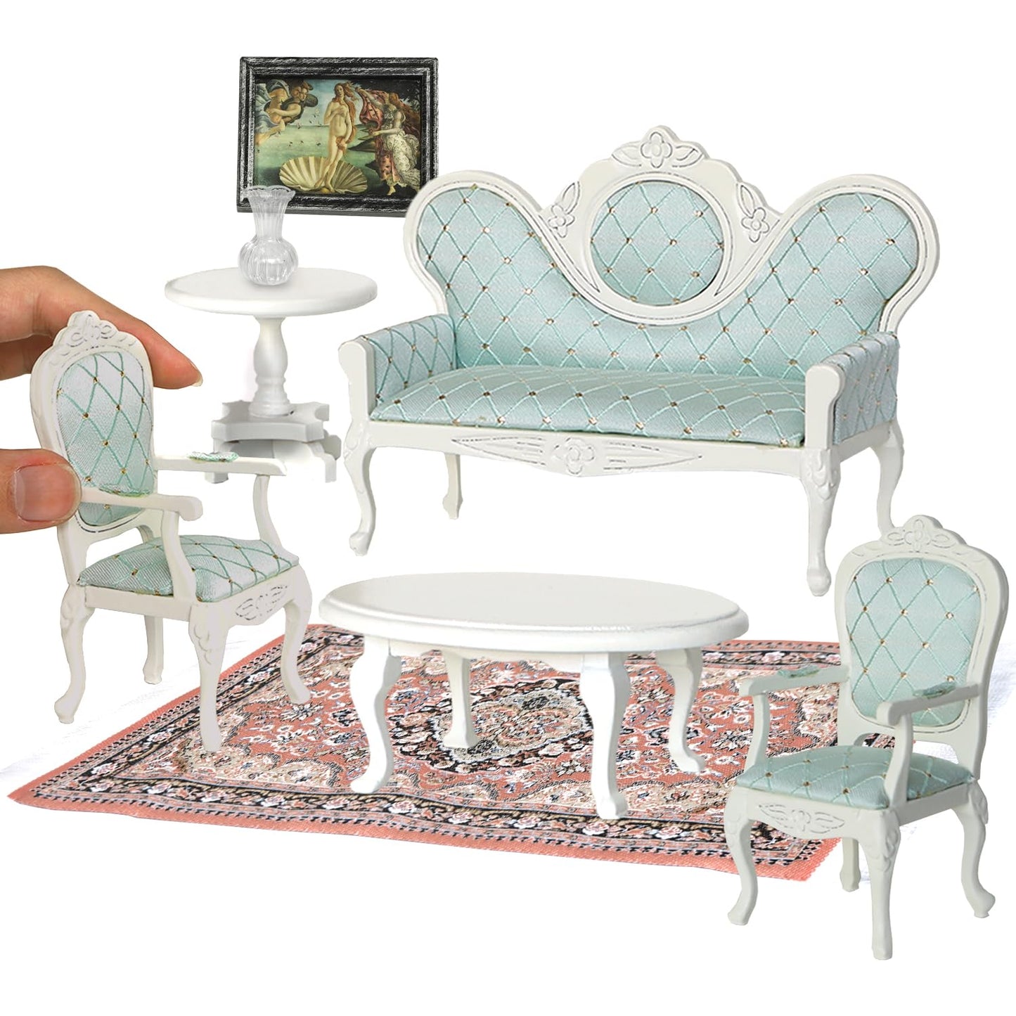 Victorian dollhouse furniture set featuring elegant sofa, chairs, and table with intricate designs, perfect for 1/12 scale décor.