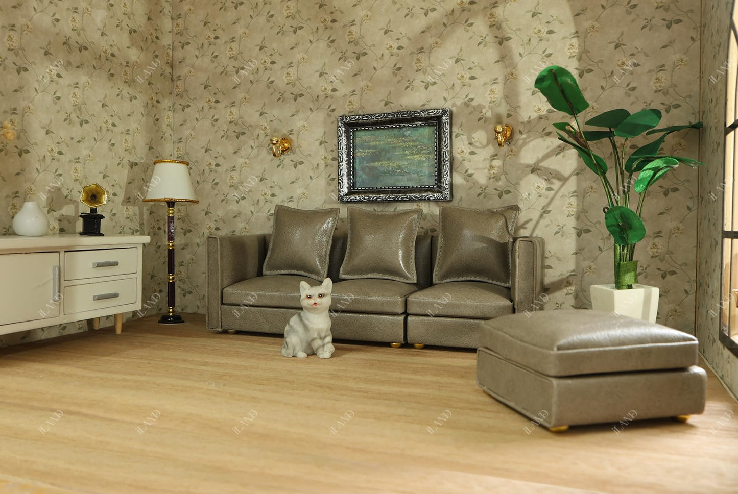 Miniature brown houndstooth sectional couch set, perfect for 1/12 scale dollhouse décor, featuring modern classic design.