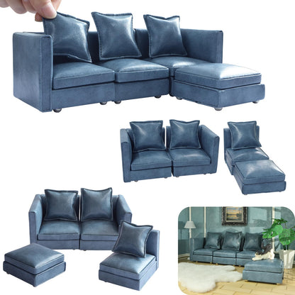 Miniature blue sectional couch set for 1/12 scale dollhouse, featuring modern design and plush cushions.