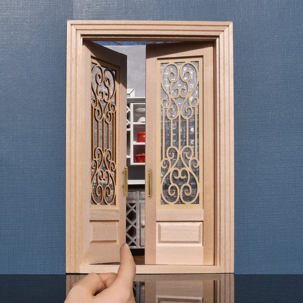 Miniature 1:12 scale dollhouse door with 3D windowpanes and intricate design, reflecting rainbow light, featuring elegant handles.