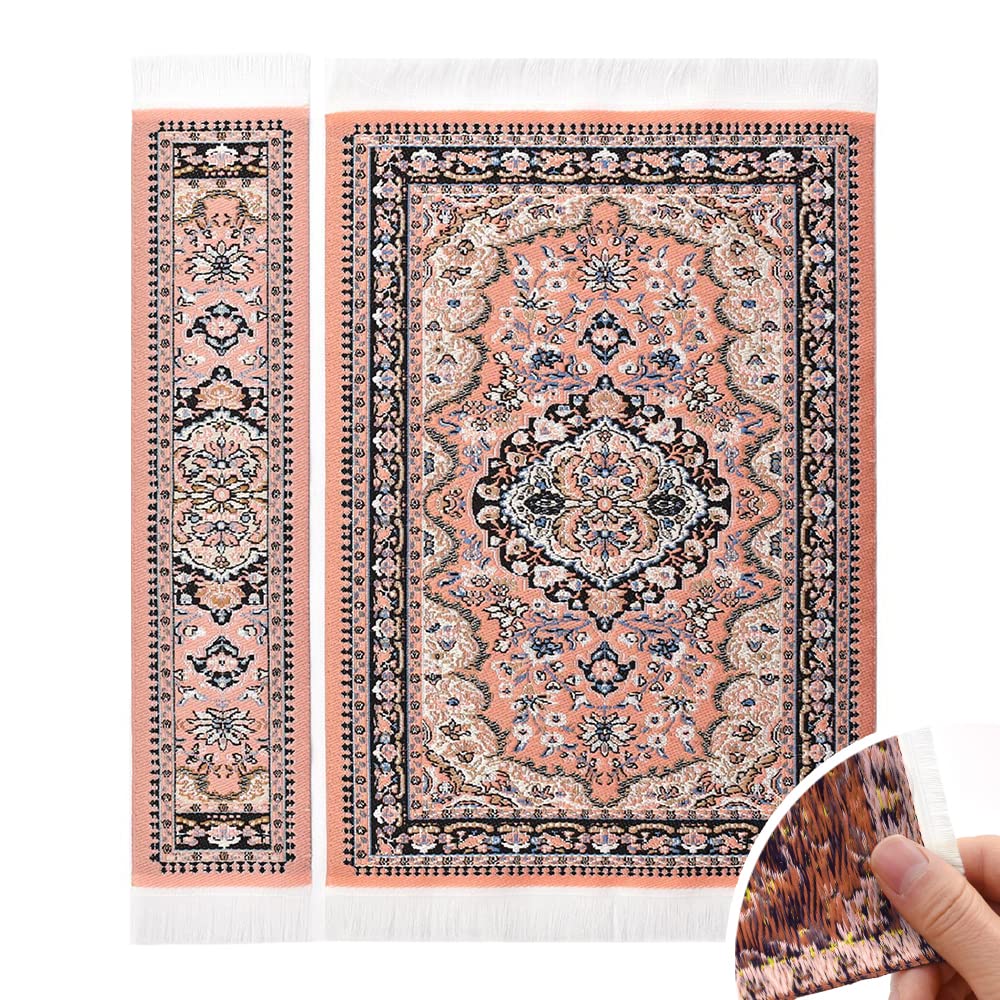 iLAND Miniature Dollhouse Accessories of Woven Dollhouse Rug 9.4” x 5.7” 9.2" x 1.8" for Dollhouse Furniture on 1/12 Scale and Dolls 3” - 12” (2pcs Spring) image