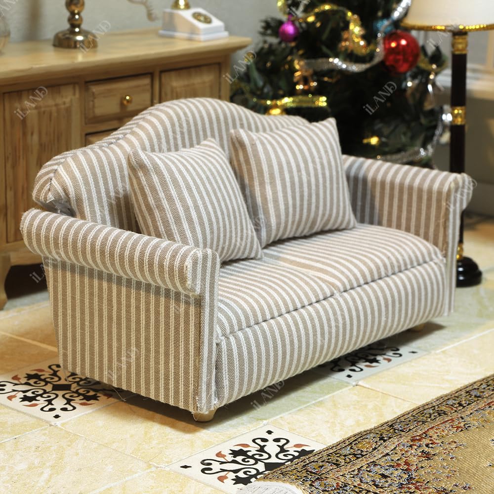 iLAND Miniature Wooden Dollhouse Furniture Set: Sofa, Cabinets, Coffee Table for Dollhouse Living Room (Classic Doll Furniture 7pcs) image