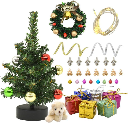 iLAND Dollhouse Christmas Decorations, 6 inch Mini Christmas Tree with Lights, Christmas Dollhouse Miniature of 1/12 Scale Accessories image