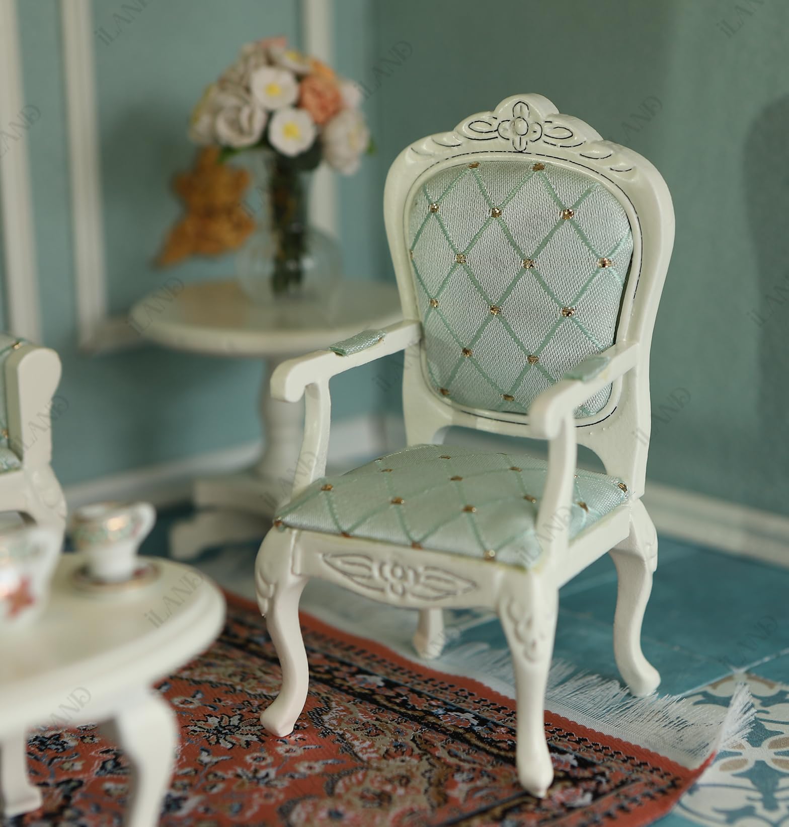 Victorian dollhouse armchair with blue upholstery, ornate detailing, perfect for 1/12 scale miniature furniture sets.