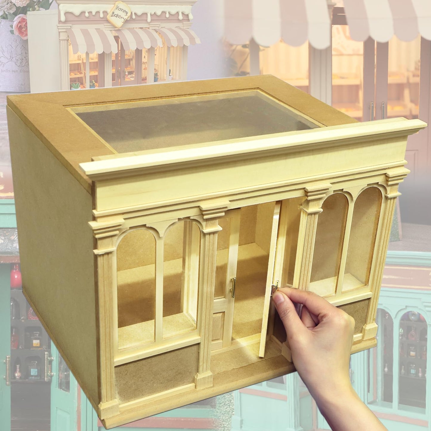 Miniature wooden dollhouse room box with intricate design, perfect for crafting a 1/12 scale coffee shop or magic house.