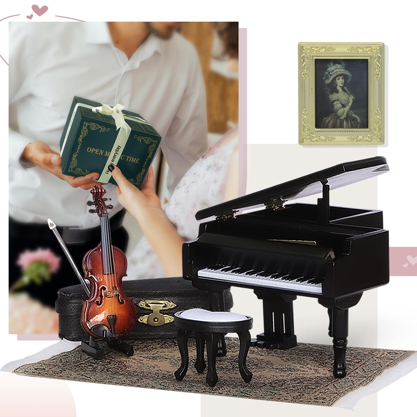 Miniature piano and violin set with elegant gift box, perfect for dollhouse decor and musical enthusiasts, featuring "Castle in the Sky."