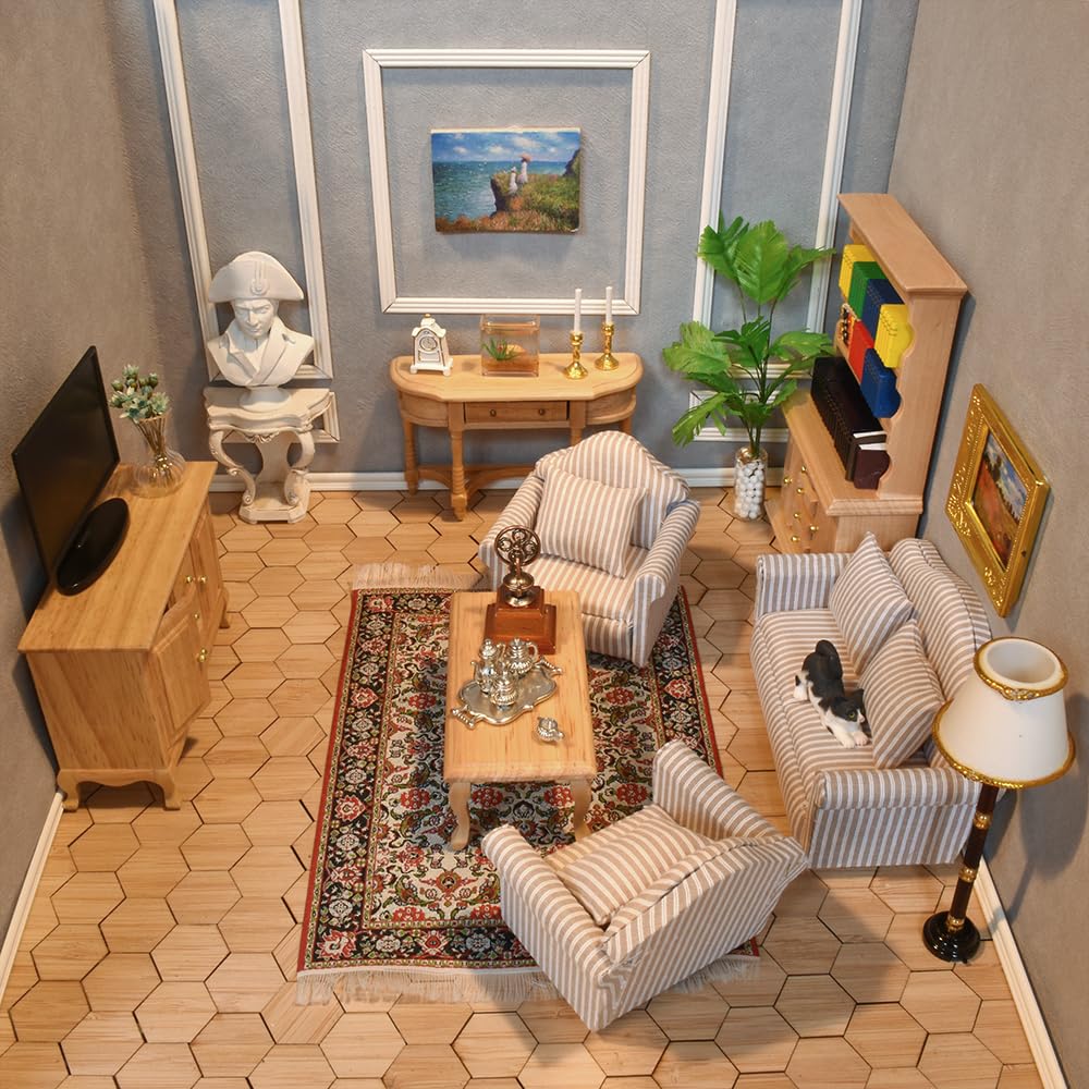 iLAND Miniature Wooden Dollhouse Furniture Set: Sofa, Cabinets, Coffee Table for Dollhouse Living Room (Classic Doll Furniture 7pcs) image