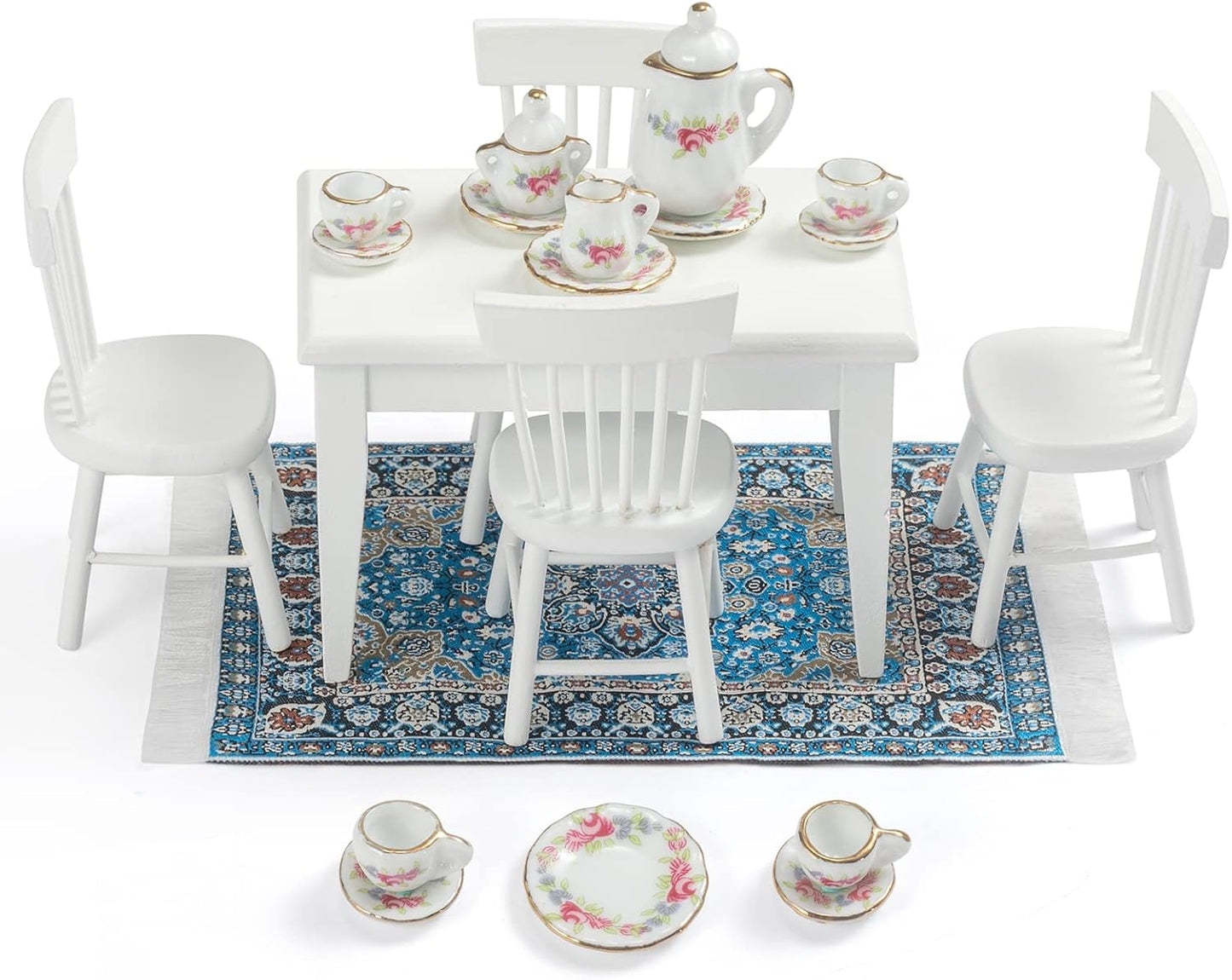SAMCAMI Miniature Dollhouse Furniture 1 12 Scale - Doll House Furniture Toys for Dollhouse Kitchen - Wooden Dollhouse Furniture Set Incl Dining Table with Chairs, Tea Set, Carpet (White) image