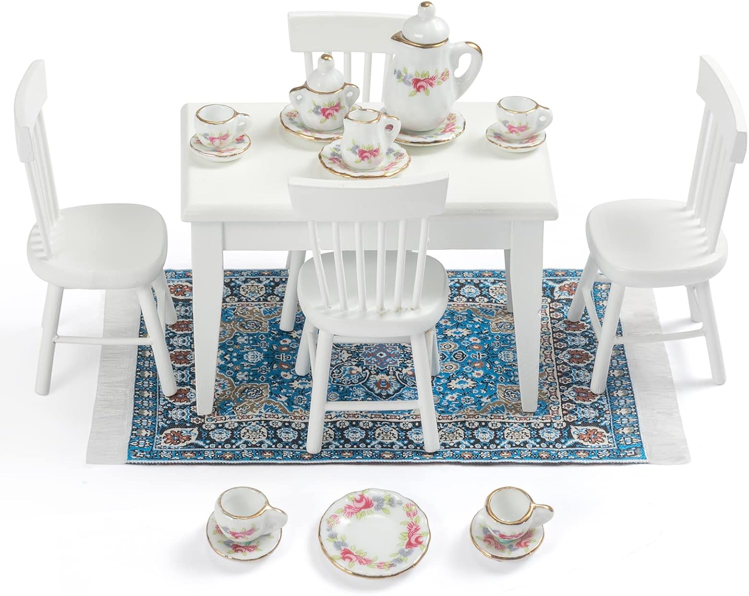SAMCAMI Miniature Dollhouse Furniture 1 12 Scale - Doll House Furniture Toys for Dollhouse Kitchen - Wooden Dollhouse Furniture Set Incl Dining Table with Chairs, Tea Set, Carpet (White) image