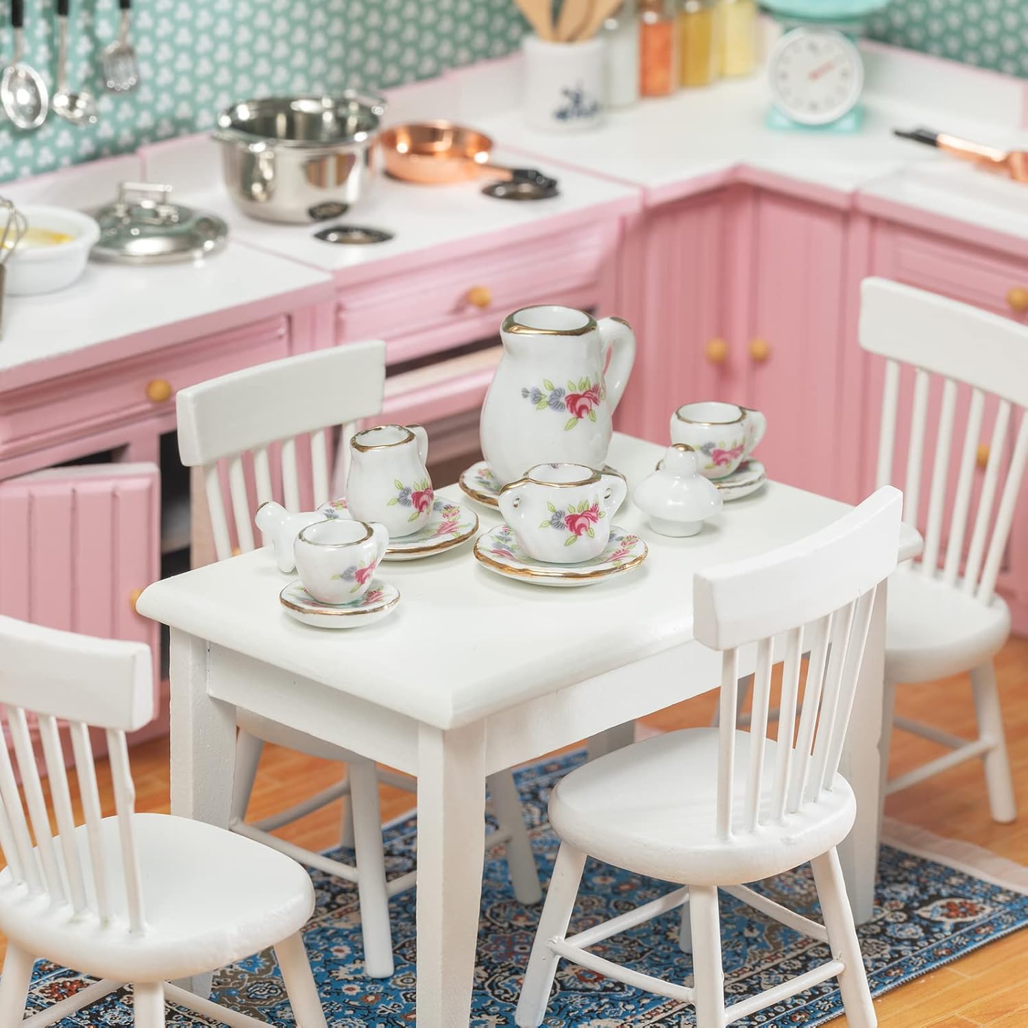 SAMCAMI Miniature Dollhouse Furniture 1 12 Scale - Doll House Furniture Toys for Dollhouse Kitchen - Wooden Dollhouse Furniture Set Incl Dining Table with Chairs, Tea Set, Carpet (White) image