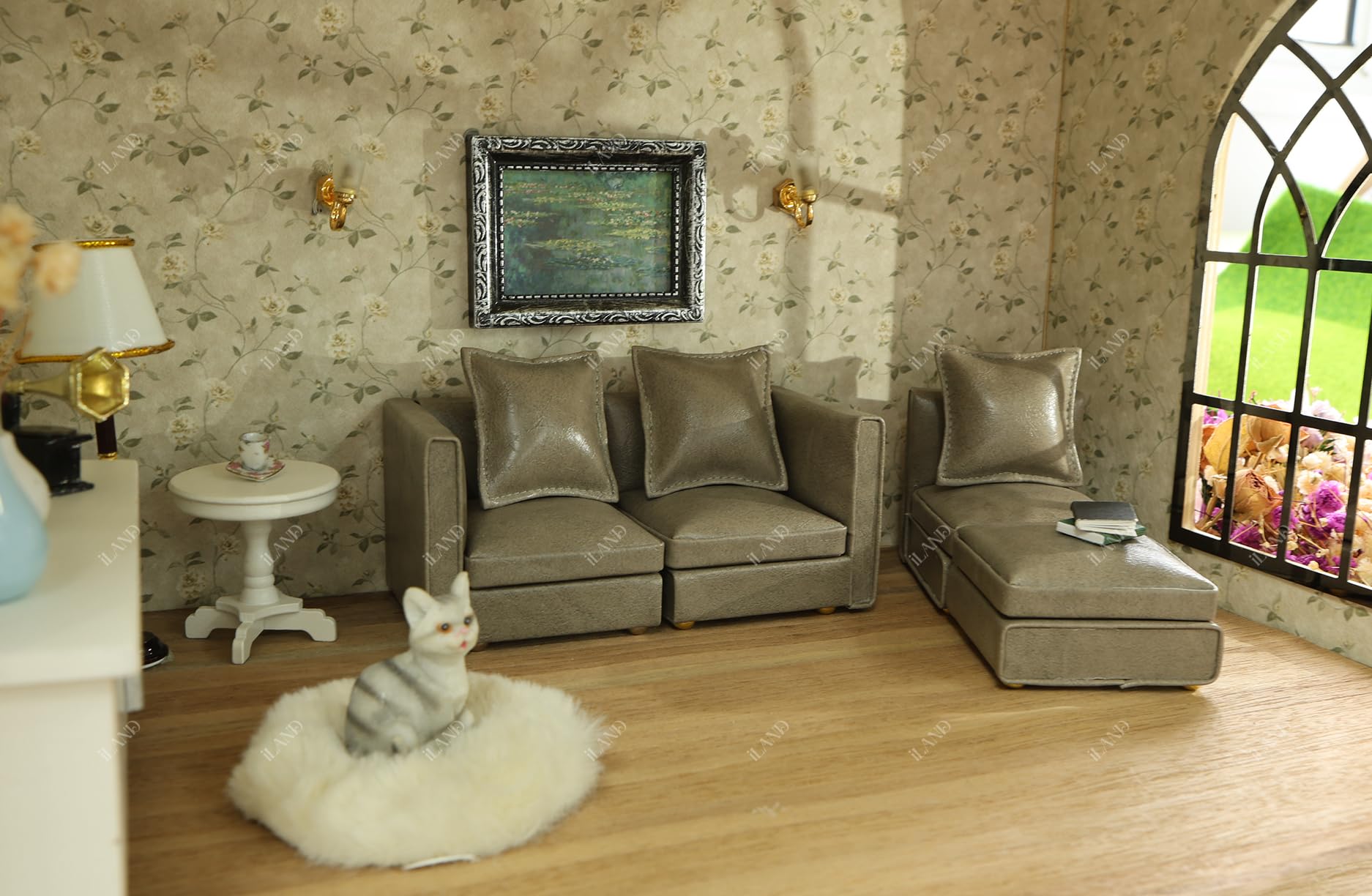 Miniature brown houndstooth sectional couch set with pillows in dollhouse living room, perfect for 1/12 scale décor.