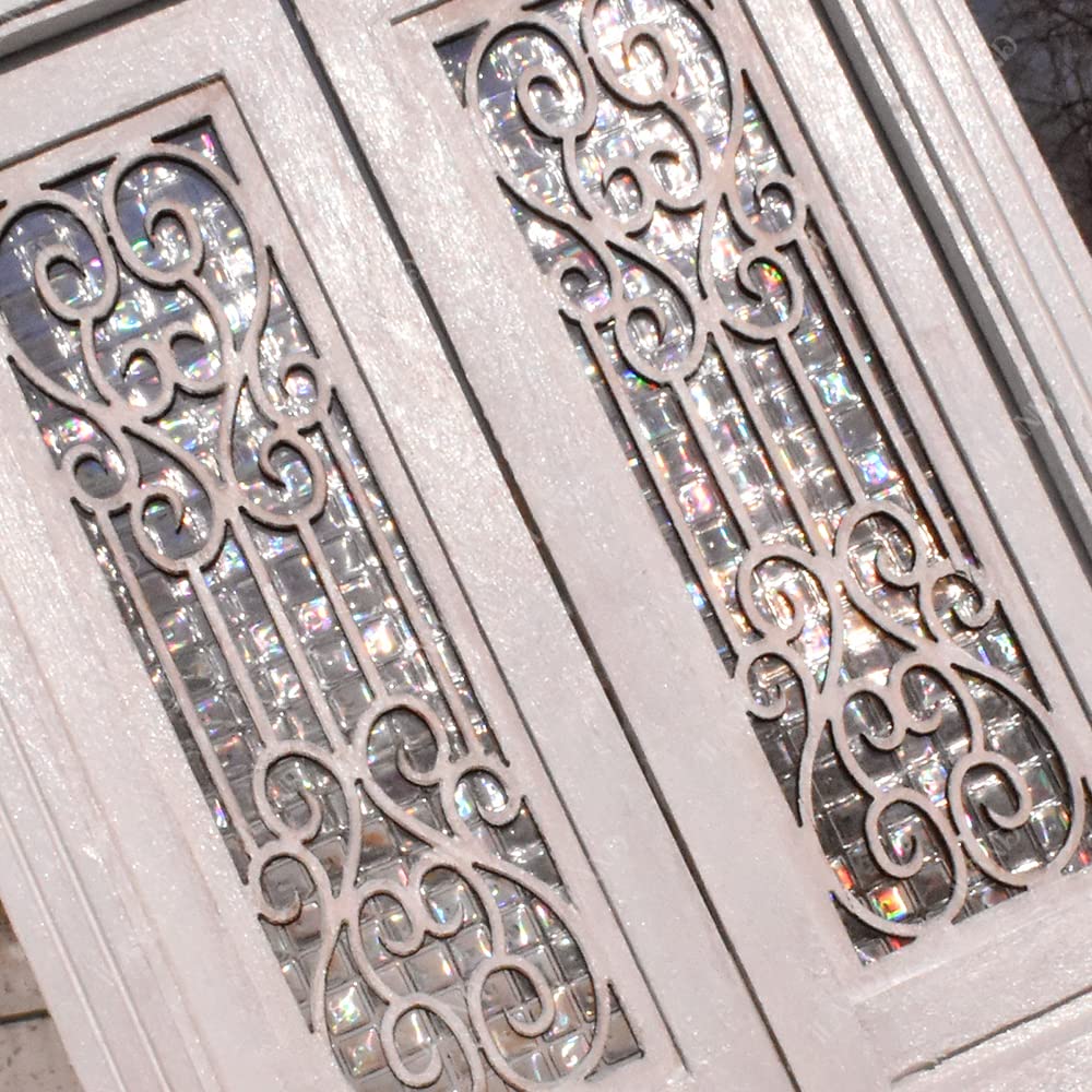 Intricate 1:12 scale dollhouse door with 3D windowpanes, reflecting iridescent rainbow light, elegant design.