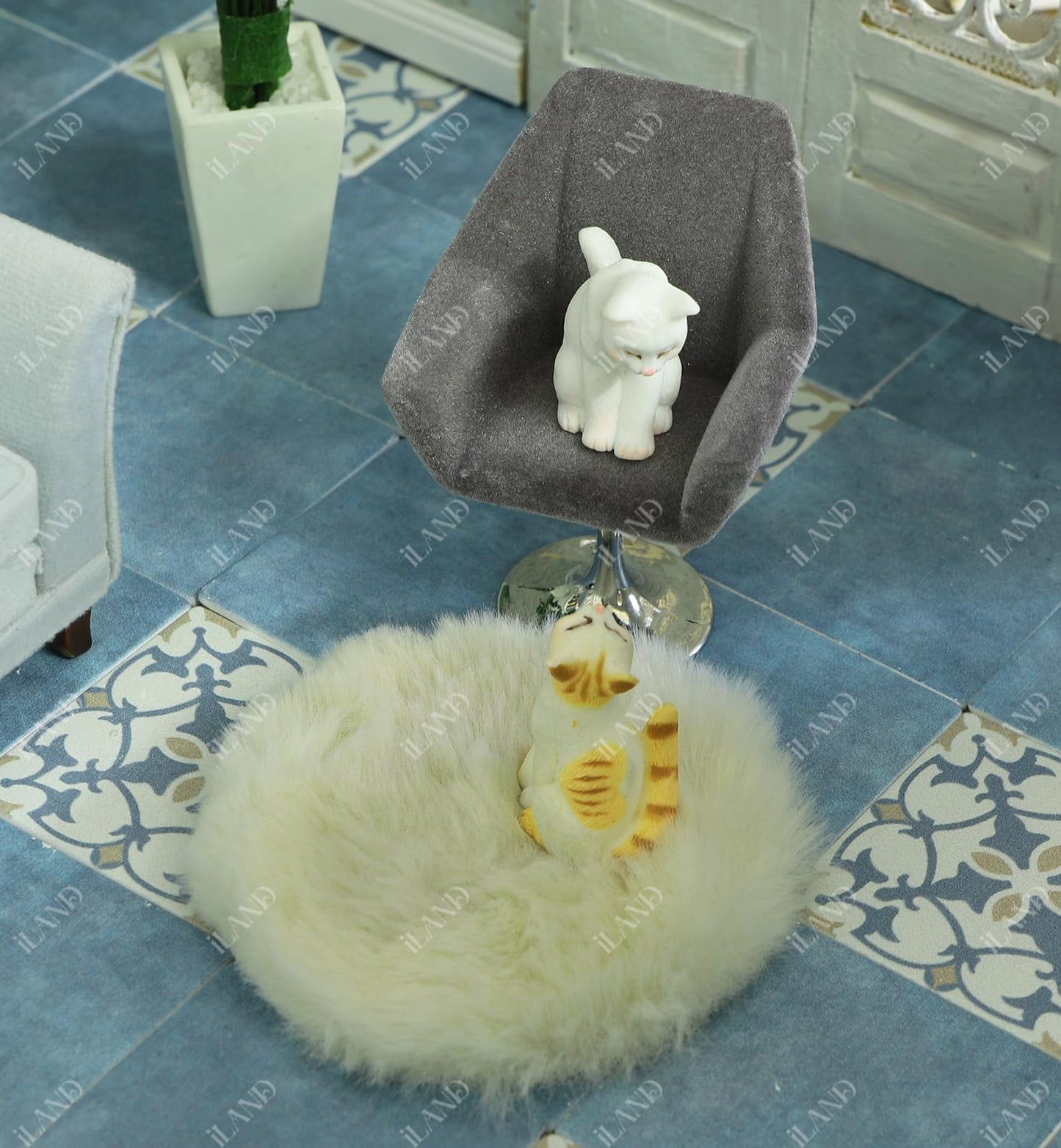 iLAND Dollhouse Furniture and Accessories Set, Miniature Swivel Chair & Carpet Modern for Dollhouse Livingroom (Grey) image