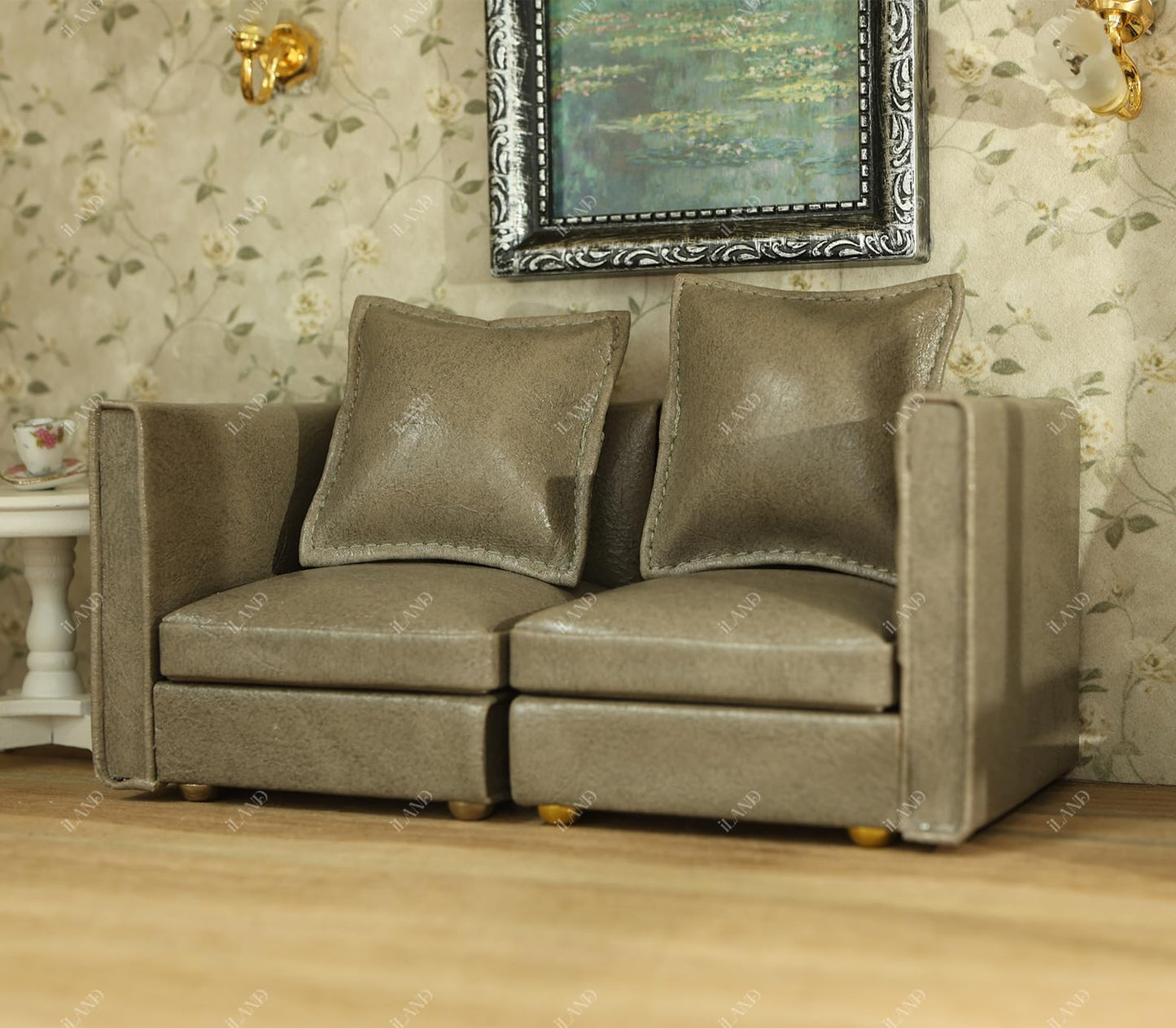 Miniature brown houndstooth sectional sofa for 1/12 scale dollhouse, featuring modern design and classic elegance.