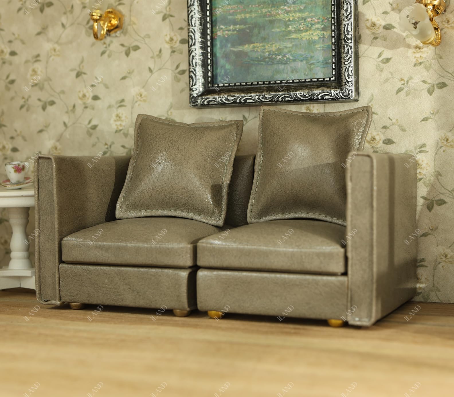 Miniature brown houndstooth sectional sofa for 1/12 scale dollhouse, featuring modern design and classic elegance.