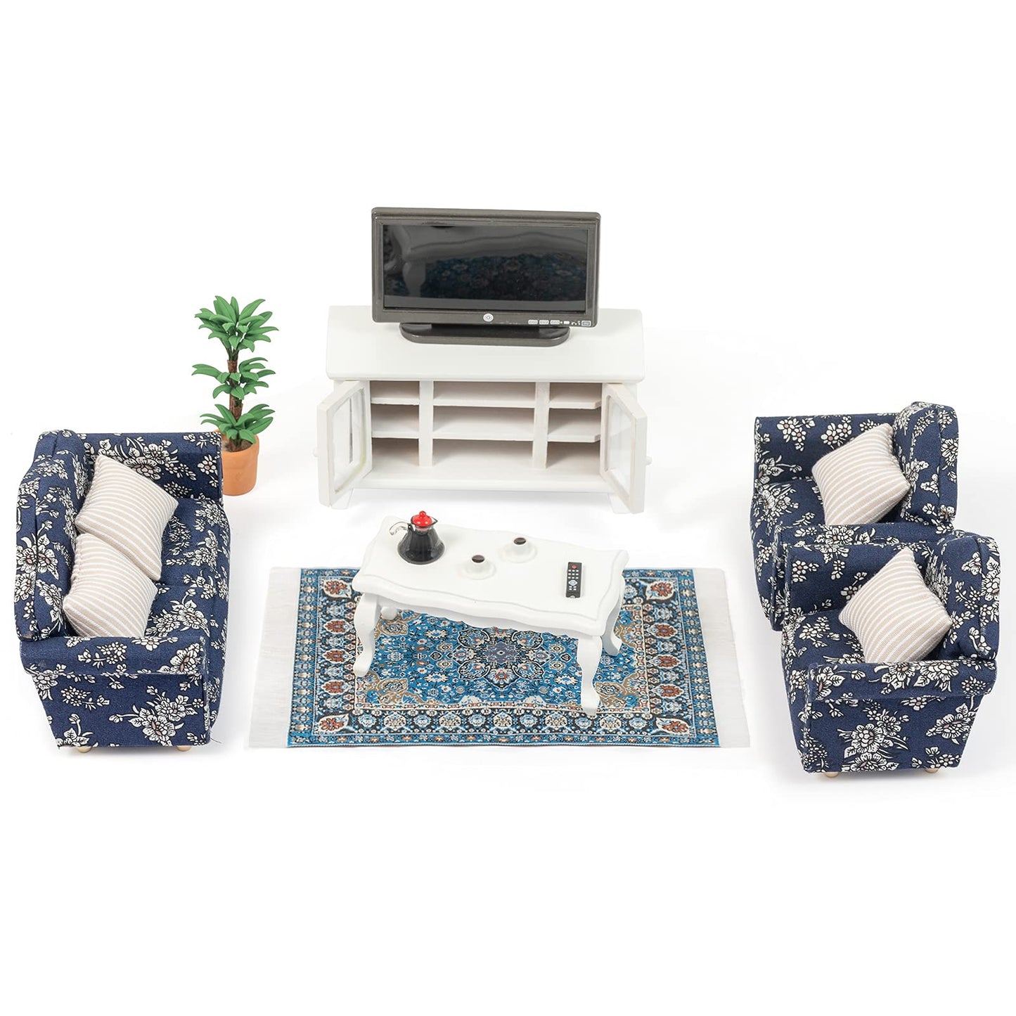 SAMCAMI Miniature Dollhouse Furniture 1 12 Scale - Wooden Dollhouse Furniture Set for Dollhouse Living Room - Doll House Furniture Incl Sofa, TV Cabinet, Coffee Table and Other Accessories (White) image