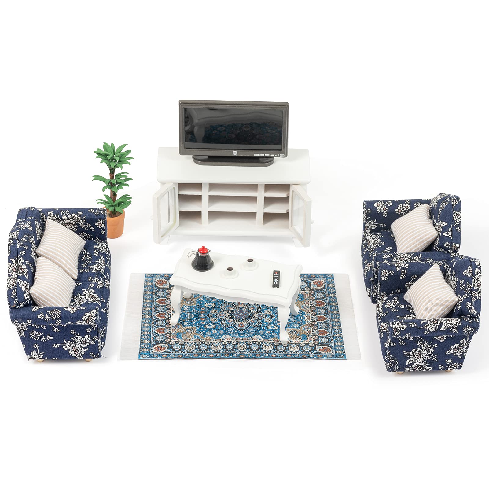 SAMCAMI Miniature Dollhouse Furniture 1 12 Scale - Wooden Dollhouse Furniture Set for Dollhouse Living Room - Doll House Furniture Incl Sofa, TV Cabinet, Coffee Table and Other Accessories (White) image