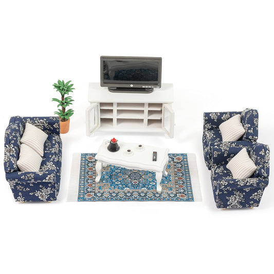 SAMCAMI Miniature Dollhouse Furniture 1 12 Scale - Wooden Dollhouse Furniture Set for Dollhouse Living Room - Doll House Furniture Incl Sofa, TV Cabinet, Coffee Table and Other Accessories (White) image